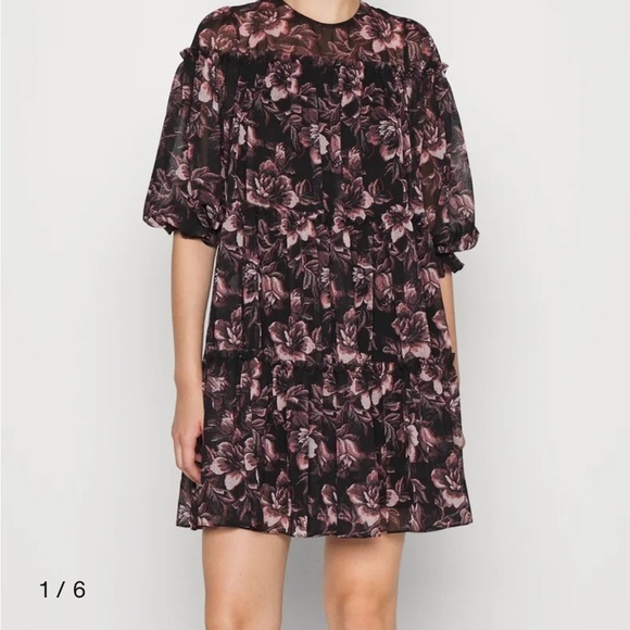 Ted Baker Mini Dress Size 8 Barnabe Black Floral Tiered Flounce Boho 3/4 Sleeves - Picture 6 of 9